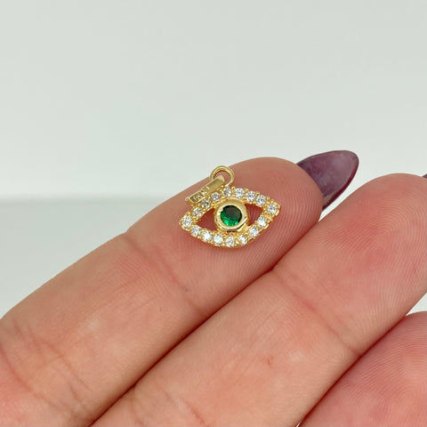 Dije Ojo Circones Blancos Verde Oro amarillo 18k 0,95 Gr / 1,6 Cm