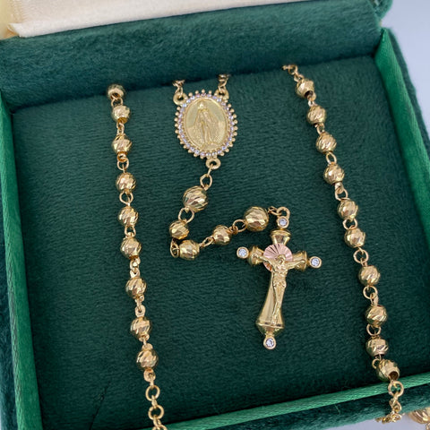 Rosario Bolas Diamantadas Virgen Milagrosa Circones Blancos Oro amarillo y Oro rosa 18k 14,09 Gr / 5 mm / 63 Cm