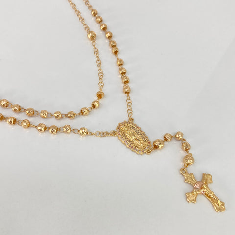 Rosario Virgen Guadalupe Bolas Diamantadas Circones Blancos Oro amarillo y Oro rosa 18k 12,1 Gr / 5 mm / 62 Cm *
