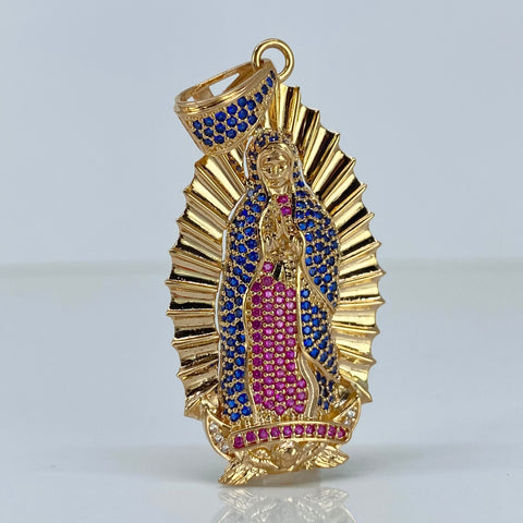 Dije Contorno Virgen Guadalupe Fondo Diamantado Circones Fucsias Y Azules Oro amarillo 18k 9,49 Gr / 5 Cm *