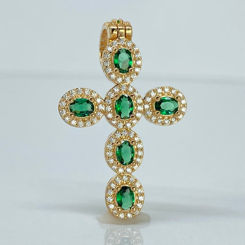 Dije Cruz Grande Circones Verdes Y Blancos Oro amarillo 18k 5,47 Gr / 4,1 Cm †