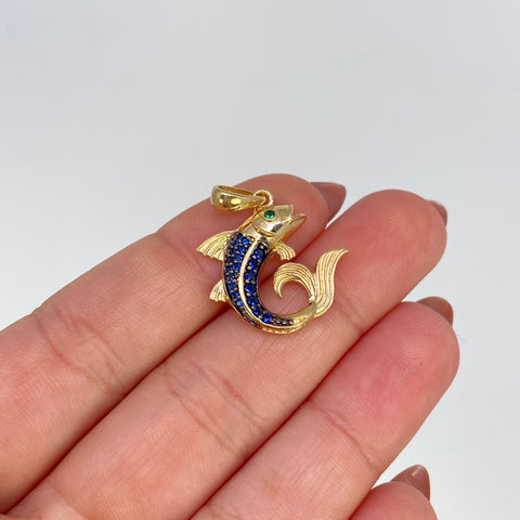 Dije Pez Circones Circones Azul Y Verdes Oro amarillo 18k 2,75 Gr / 2,5 Cm  *