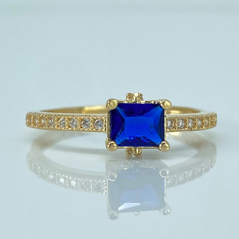 Anillo Solitario Circones Blancos Azul Oro amarillo / Talla 6 1/4 / 1,8 Gr *