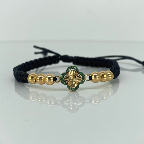 Pulsera tejida Herraje Trebol Circones Verdes / BL 6uni 5mm / Hilo Negro Oro amarillo 18k 1,44 Gr †