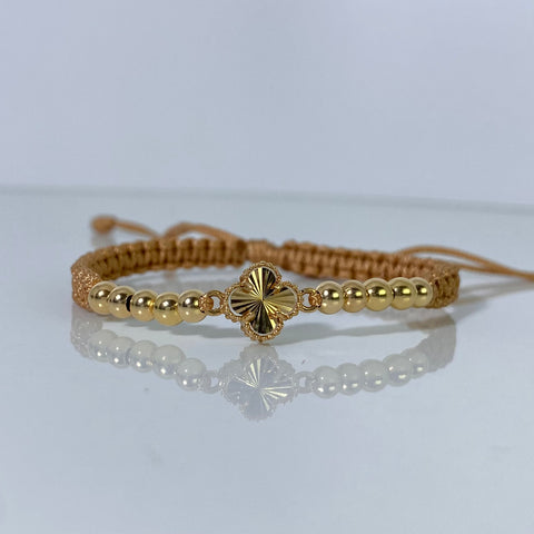 Pulsera tejida Herraje Trebol Diamantado / BL 4mm 10uni / Hilo Beige Oro amarillo 18k 1,77 Gr *