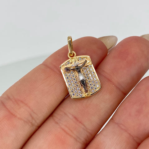 Dije Cristo Buga Circones Blancos Oro amarillo y Oro blanco 18k 2,51 Gr / 2,2 Cm *