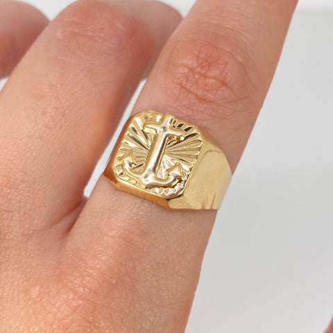 Anillo Sello Ancla Diamantada Oro amarillo / Talla 8 1/2 / 2,5 Gr *
