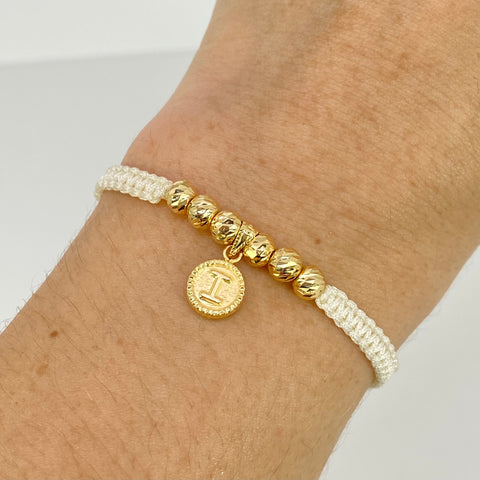 Pulsera tejida Dije Letra I / BD 6uni 5mm / Hilo Blanco Oro amarillo 18k 1 Gr *
