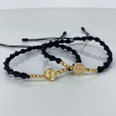 Pulsera tejida Pareja Herraje San Benito / BD 8uni 3mm / Hilo Negro Oro amarillo 1,25 Gr †