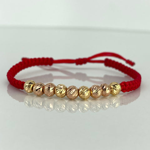 Pulsera tejida Bolas Diamantadas 9uni 5mm / Hilo Rojo Oro amarillo y Oro rosa 18k 1,08 Gr *