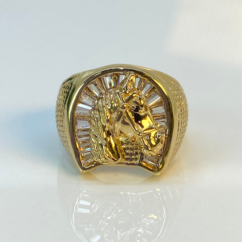 Anillo Herradura Caballo Circones Blancos Oro amarillo 18k / Talla 9 1/4 / 7,28 Gr †