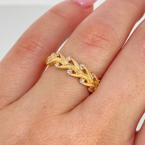 Anillo Hojas Circones Blancos Oro amarillo / Talla 7 1/4 / 2,32 Gr *