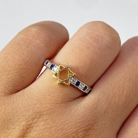 Anillo Estrella De David Circones Blancos Y Azul Oro amarillo 18k / Talla 7 1/4 / 2,05 Gr †
