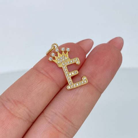Dije Letra E Corona Circones Blancos Oro amarillo 1,9 Gr / 2,6 Cm *