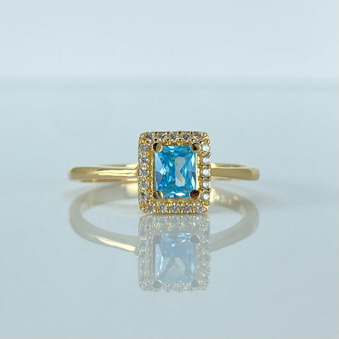 Anillo Solitario Rectangulo Circon Celeste Blancos Oro amarillo 18k / Talla 7 3/4 / 2,72 Gr †