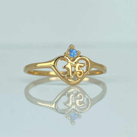 Anillo 15 Años Circon Celeste Oro amarillo 18k / Talla 7 1/4 / 1,5 Gr