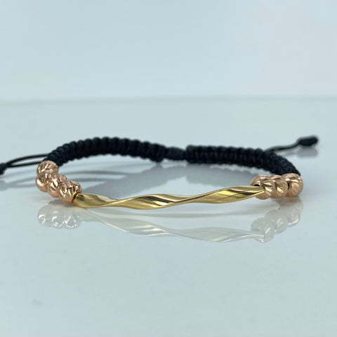 Pulsera tejida Herraje Melcocho / BD 8uni 5mm / Hilo Negro Oro amarillo y Oro rosa 1,11 Gr †