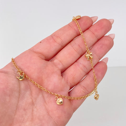 Tobillera Aro Seguido Dije Carita/Moño/Fresa/Corazon/Corona/Pluma Oro amarillo 3,85 Gr / 2,2 mm / 25,3 Cm *