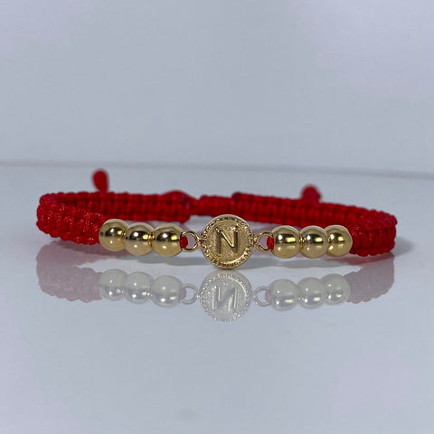 Pulsera tejida Herraje Letra N / BL 5mm 6uni / Hilo Rojo Oro amarillo 18k 1,31 Gr *
