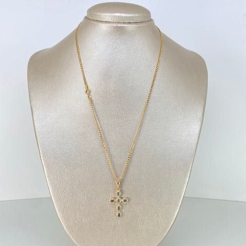 Set Cadena ● Cubana + Dije Cruz Circones Blancos Azules Oro amarillo 18k 3,65 Gr / 2 mm / 45 Cm