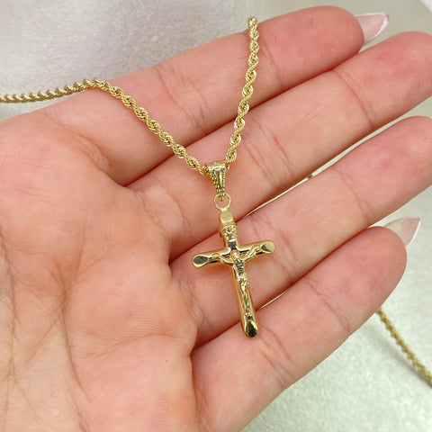 Set Cadena ● Lazo + Dije Cruz Cristo Oro amarillo 18k 4,25 Gr / 2 mm / 60 Cm *
