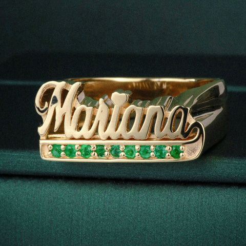 Anillo Nombre Personalizado Con Esmeraldas 10 Puntos POR FABRICACION Oro amarillo 18k / Talla 7 / 7,79 Gr *