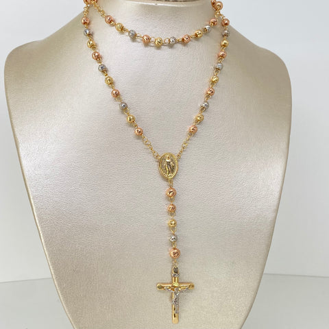 Rosario Virgen Milagrosa / Bolas Diamantadas 6/5mm Tres oros 18k 14,55 Gr / 62 Cm †