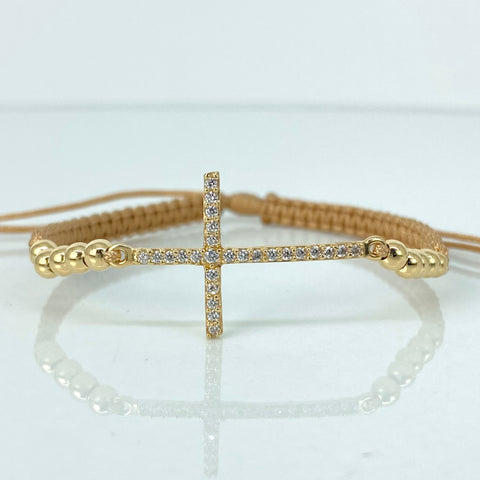 Pulsera tejida Herraje Cruz Circones / BL 10uni 3mm / Hilo Beige Oro amarillo 18k 1,59 Gr *