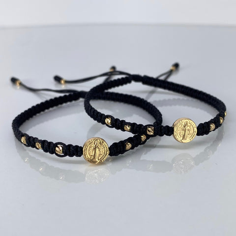 Pulsera tejida Pareja San Benito / BD 8uni 3mm / Hilo Negro Oro amarillo 1,25 Gr *