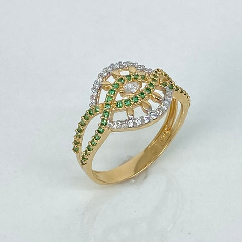 Anillo Ojo Circones Blancos Verdes Oro amarillo 18k / Talla 6 1/2 / 2,61 Gr