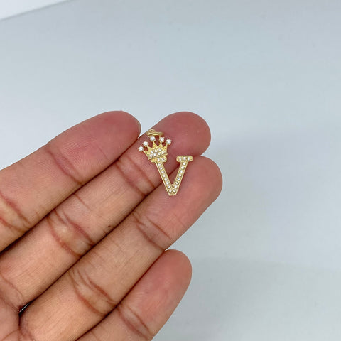 Dije Letra V Corona Circones Blancos Oro amarillo 1,82 Gr / 2,7 Cm *