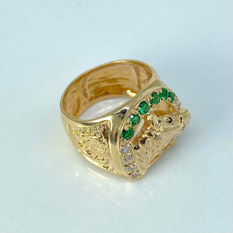 Anillo Caballo Circones Blancos Verdes Oro amarillo / Talla 10 1/2 / 10,6 Gr *