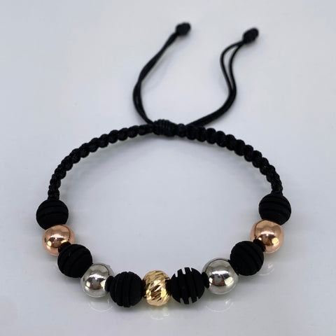 Pulsera tejida Bolas Lisas 8  mm Y Diamantada 8 mm Hilo Negro Tres oros 18k 1,63 Gr *