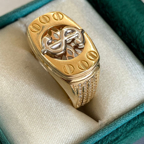 Anillo  Dinero $ Circones Blancos Tres oros 18k / Talla 10 / 7,2 Gr *