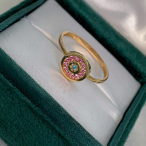 Anillo Circulo Centro Circon Azul Borde Circones Morados  Oro amarillo 18k / Talla 7 1/4 / 1,67 Gr *