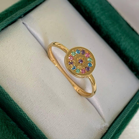 Anillo Circulo Circones Azules Y Morados Oro amarillo 18k / Talla 7 1/4 / 1,66 Gr *