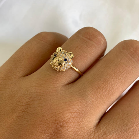 Anillo Cara Oso Circones Blancos Y Azules Oro amarillo 18k / Talla 6 3/4 / 2,35 Gr *