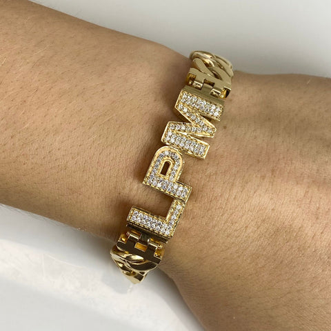 Pulso Cubano Personalizado ( Con Iniciales o Nombre ) Con Circones POR FABRICACIÓN Oro amarillo 18k 53,60 Gr / 11,3 mm / 21 Cm *