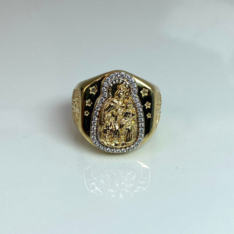 Anillo Contorno Virgen Del Carmen  Con Circones Blancos Oro amarillo 18k / Talla 9 1/2 / 7,12 Gr *