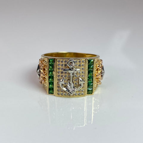 Anillo Ancla / Timón Circones Blancos Y Verdes Tres oros 18k / Talla 10 1/2 / 10,40 Gr *