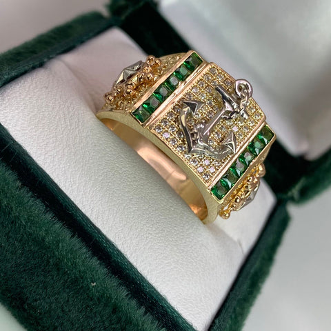 Anillo Ancla / Timón Circones Blancos Y Verdes Tres oros 18k / Talla 10 1/2 / 10,40 Gr *