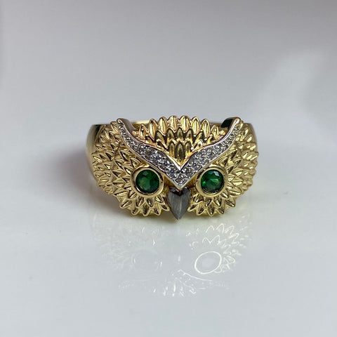 Anillo Búho Circones Verdes Y Blancos Oro amarillo y Oro blanco 18k / Talla 10 1/4 / 8,60 Gr *