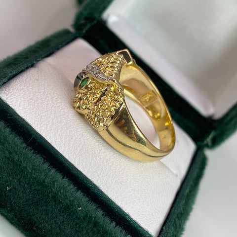 Anillo Búho Circones Verdes Y Blancos Oro amarillo y Oro blanco 18k / Talla 10 1/4 / 8,60 Gr *