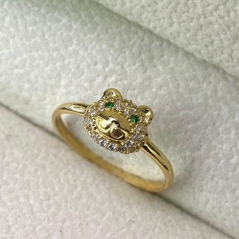 Anillo Cara Oso Circones Blancos Y Verdes Oro amarillo 18k / Talla 6 1/2 / 1,60 Gr *