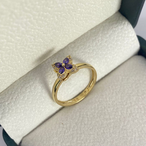Anillo Flor Girable Circones Blancos Y Morado Oro amarillo 18k / Talla 6 1/4 / 2,67 Gr