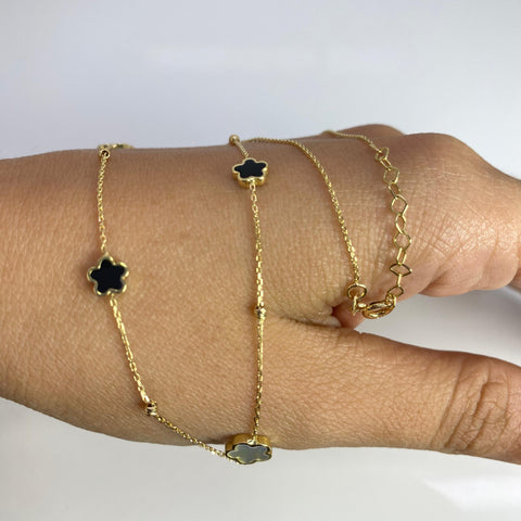 Cadena Italy Aro Seguido Trebol Negro Y Blanco Balines Diamantados Graduable Oro amarillo 18k +3 / 2,96 Gr / 1,5 mm / 45 Cm *