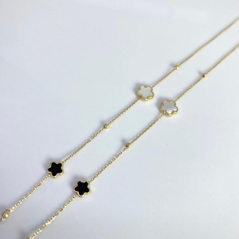 Cadena Italy Aro Seguido Trebol Negro Y Blanco Balines Diamantados Graduable Oro amarillo 18k +3 / 2,96 Gr / 1,5 mm / 45 Cm *