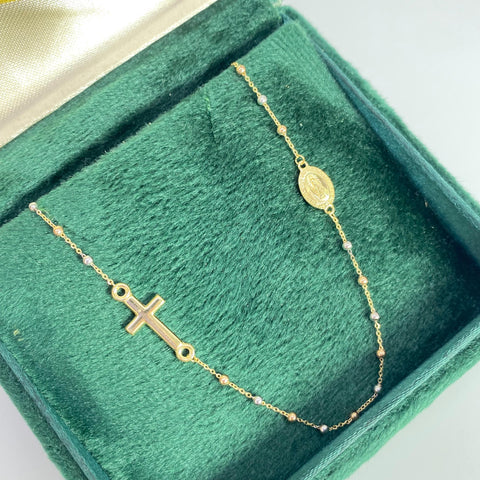 Cadena Italy  Denario Cruz / Virgen Milagrosa Balines Lisos Tres oros 18k +3 / 2,61 Gr / 1,5 mm / 45 Cm *