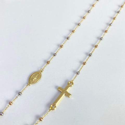 Cadena Italy  Denario Cruz / Virgen Milagrosa Balines Lisos Tres oros 18k +3 / 2,61 Gr / 1,5 mm / 45 Cm *