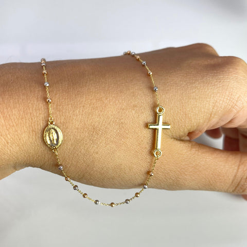 Cadena Italy  Denario Cruz / Virgen Milagrosa Balines Lisos Tres oros 18k +3 / 2,61 Gr / 1,5 mm / 45 Cm *
